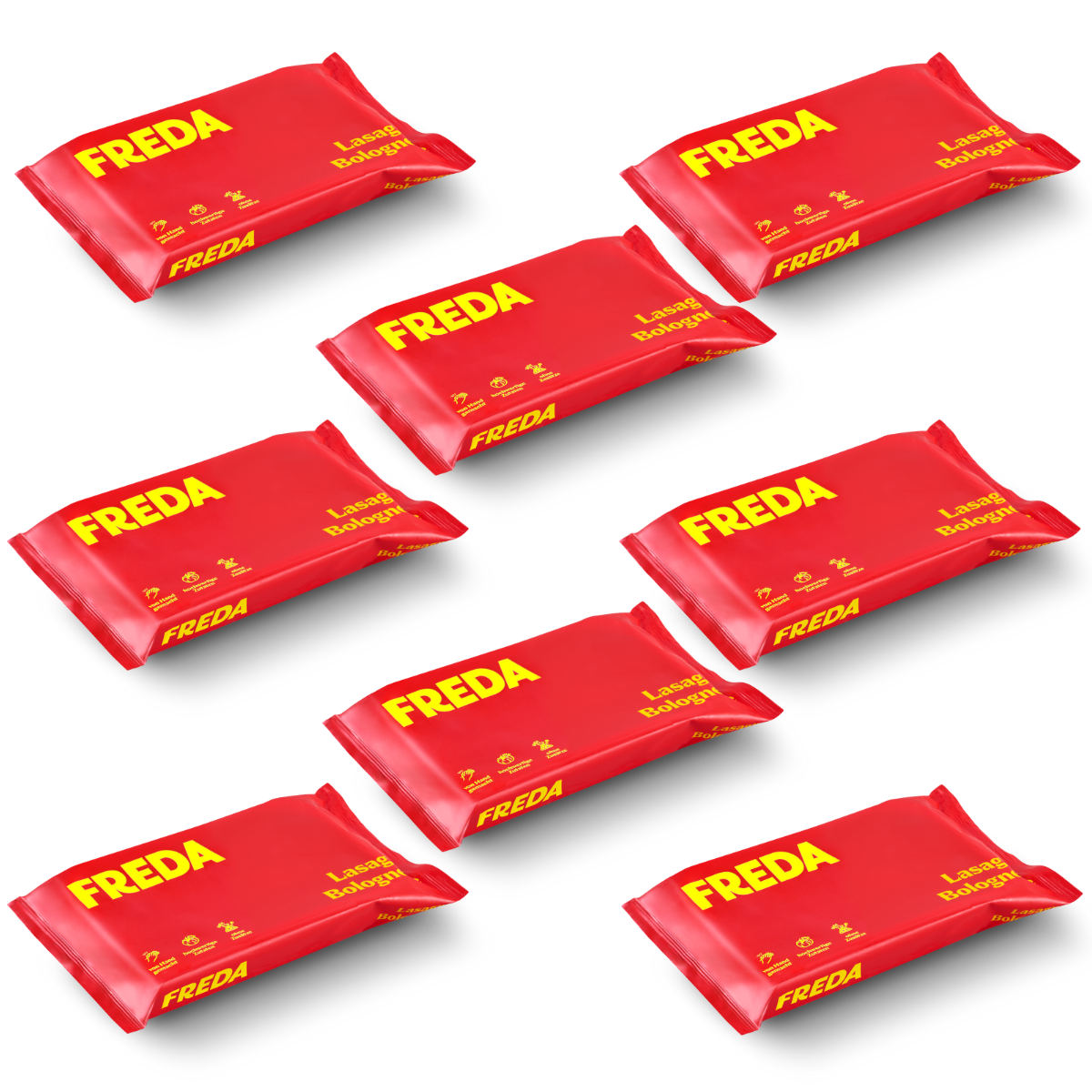 Sieben rot verpackte Wurstpakete mit der Aufschrift "FREDA" und "Laang Bologna" sind gleichmäßig angeordnet.