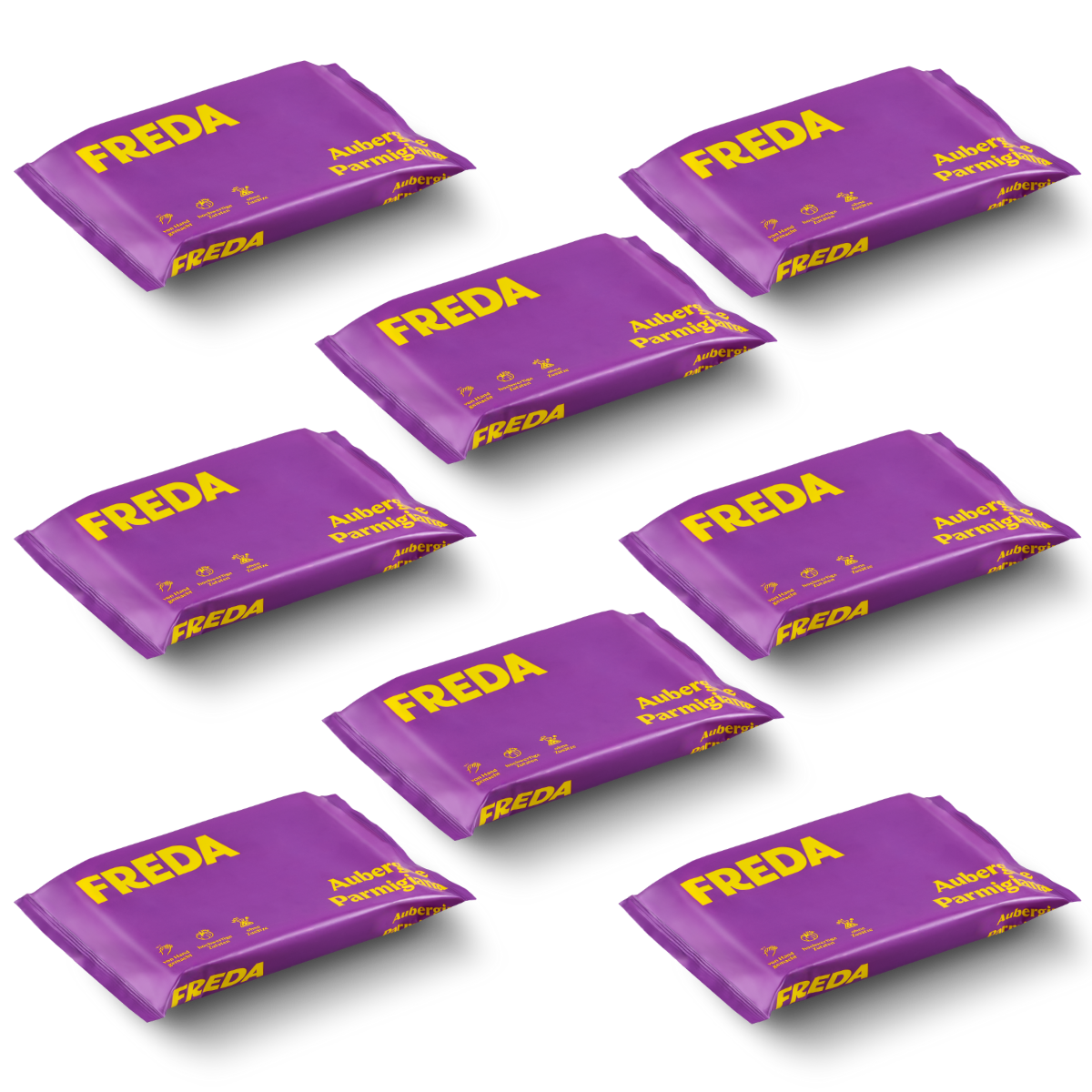 Acht lila Verpackungen mit gelbem "FREDA"-Aufdruck, schräg angeordnet, auf schwarzem Hintergrund.