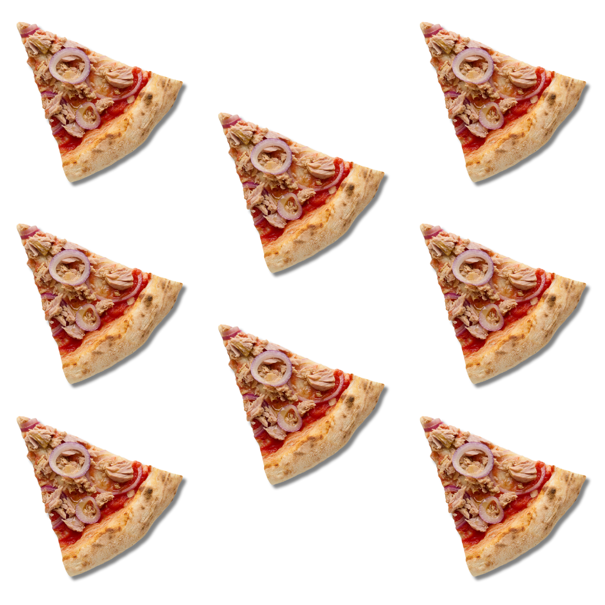 Acht Pizzastücke mit Thunfisch, roter Zwiebel und Oliven auf schwarzem Hintergrund.
