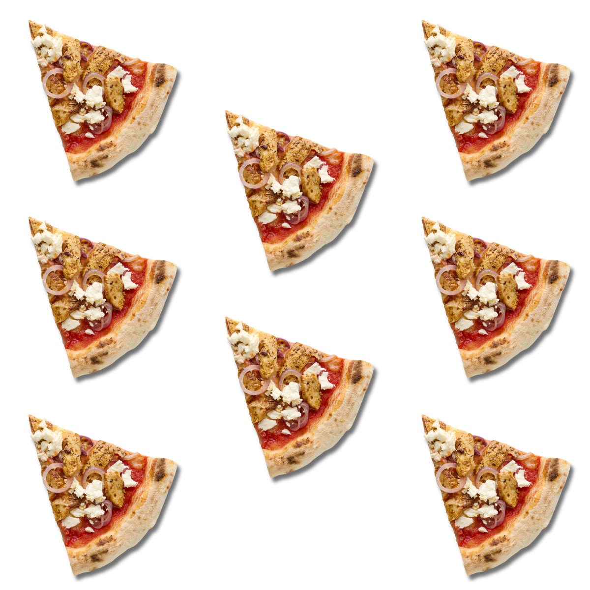 Acht Pizzastücke mit Belag aus Hähnchen, Zwiebeln und Käse auf schwarzem Hintergrund.