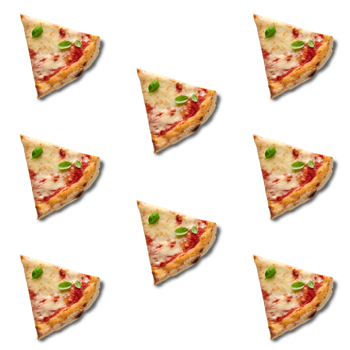 Neun Pizzastücke mit Basilikum und Tomatensauce in gleichmäßiger Anordnung auf schwarzem Hintergrund.