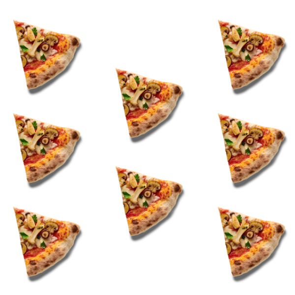 Neun Pizzastücke mit Oliven- und Gemüsebelag vor schwarzem Hintergrund angeordnet.