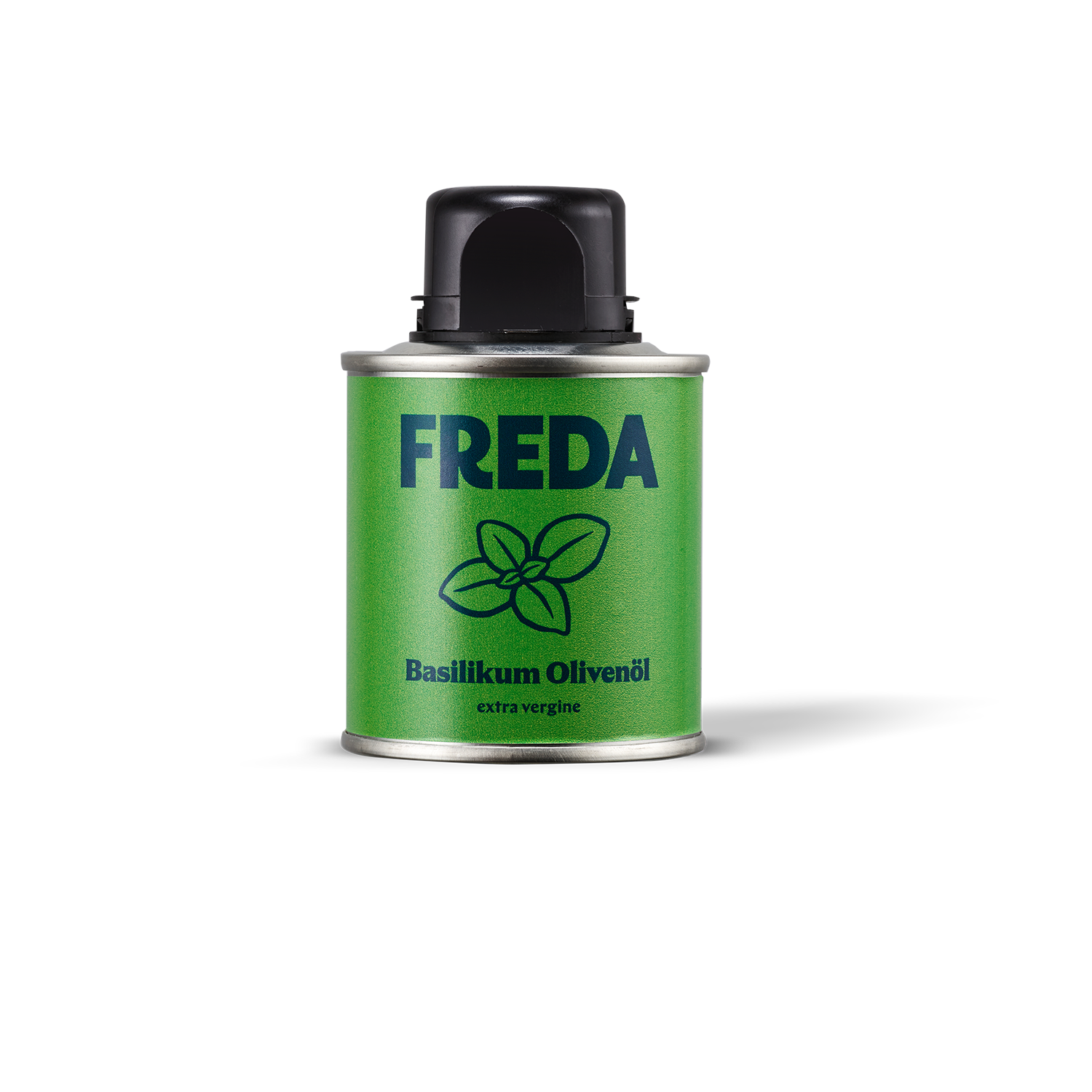 Grüne Dose mit der Aufschrift "FREDA", Basilikum Olivenöl, extra vergine, und einem schwarzen Verschluss.
