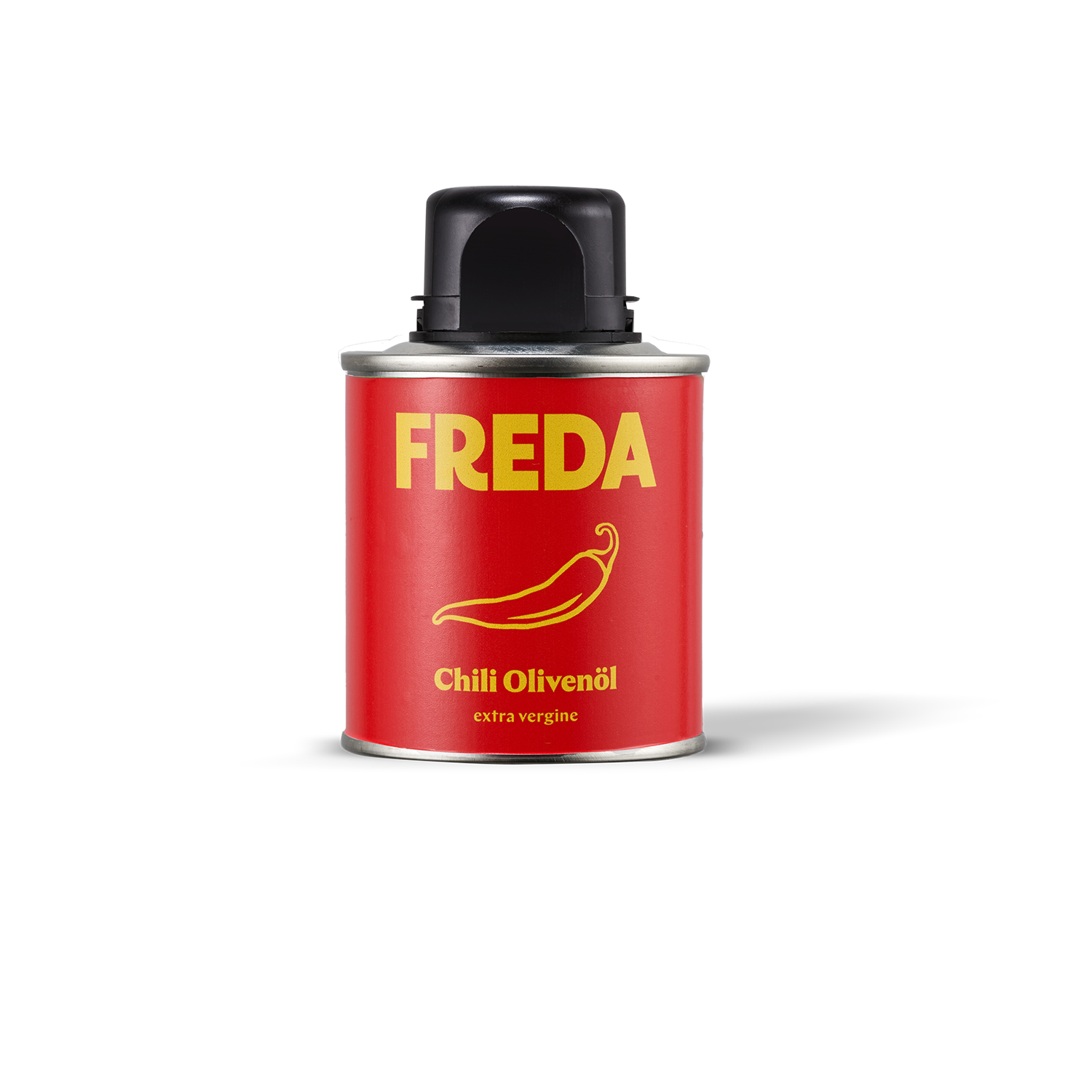 Rote Dose mit Aufschrift "FREDA" enthält Chili-Olivenöl extra vergine, verziert mit gelbem Chili-Design.