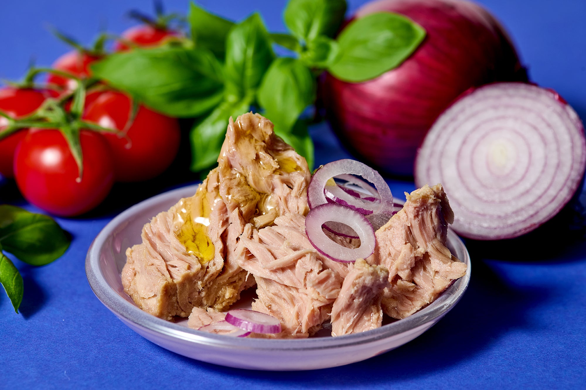 Thunfisch in einer Schale mit roten Zwiebelringen, umgeben von Tomaten, Zwiebeln und Basilikum auf blauem Untergrund.