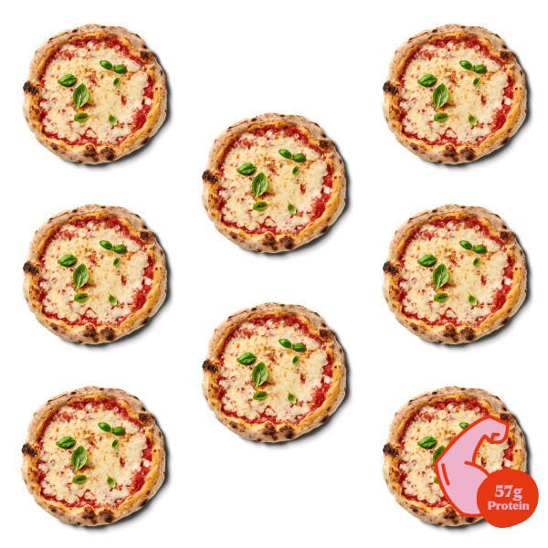 Acht Pizzen mit Basilikumblättern auf schwarzem Hintergrund, mit einem roten Symbol, das "57g Protein" zeigt.