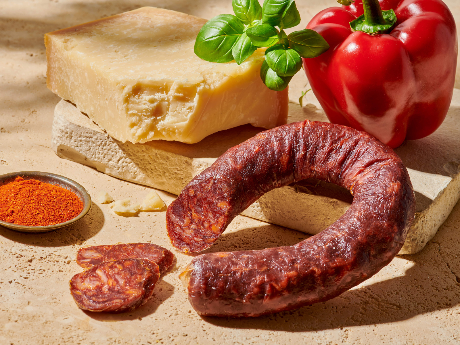Rote Paprika, Hartkäse, Paprikapulver und eine luftgetrocknete Wurst mit Basilikum auf einem Steinbrett.