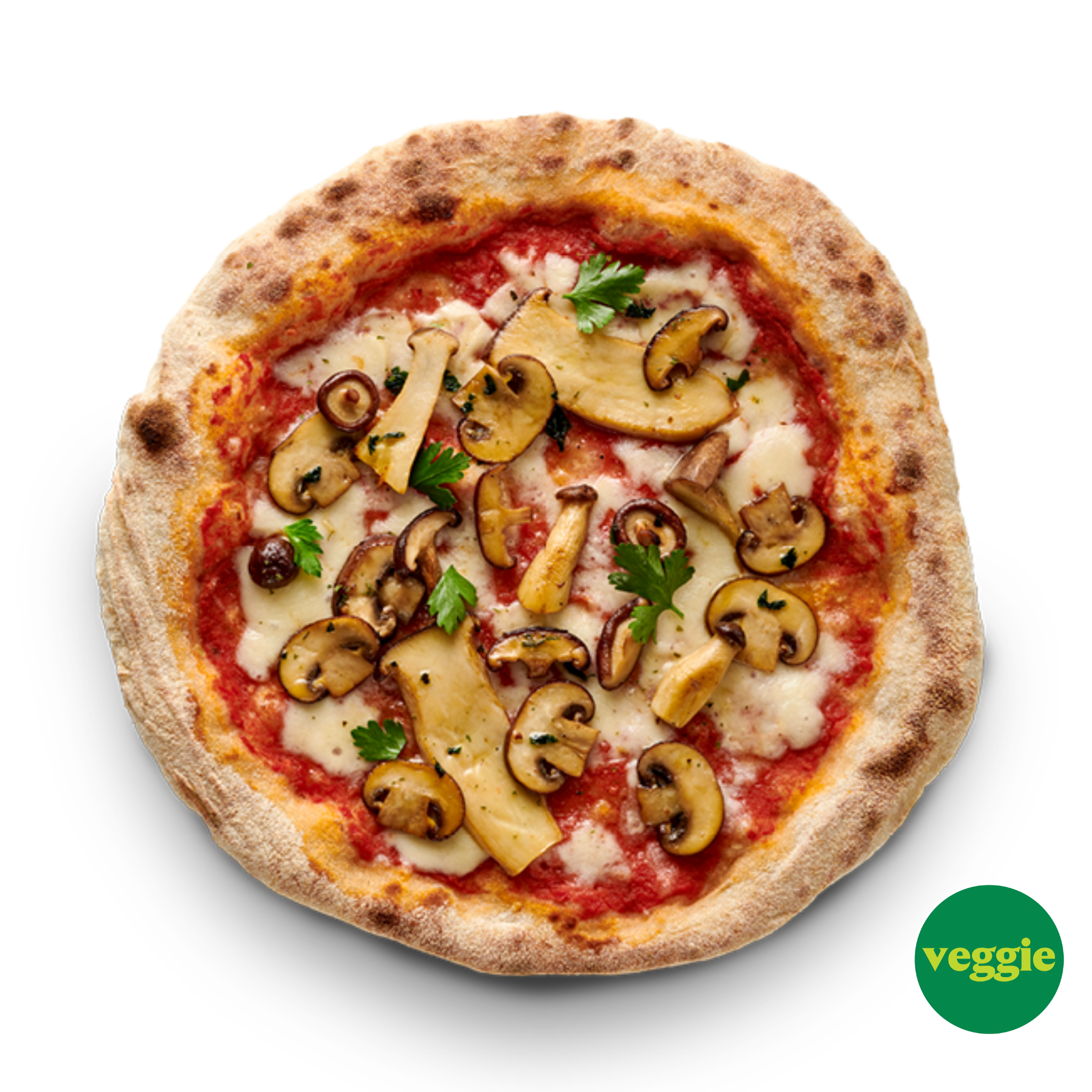 Pizza mit Pilzen, Petersilie und geschmolzenem Käse auf Tomatensauce, mit einem „veggie“-Sticker unten rechts.