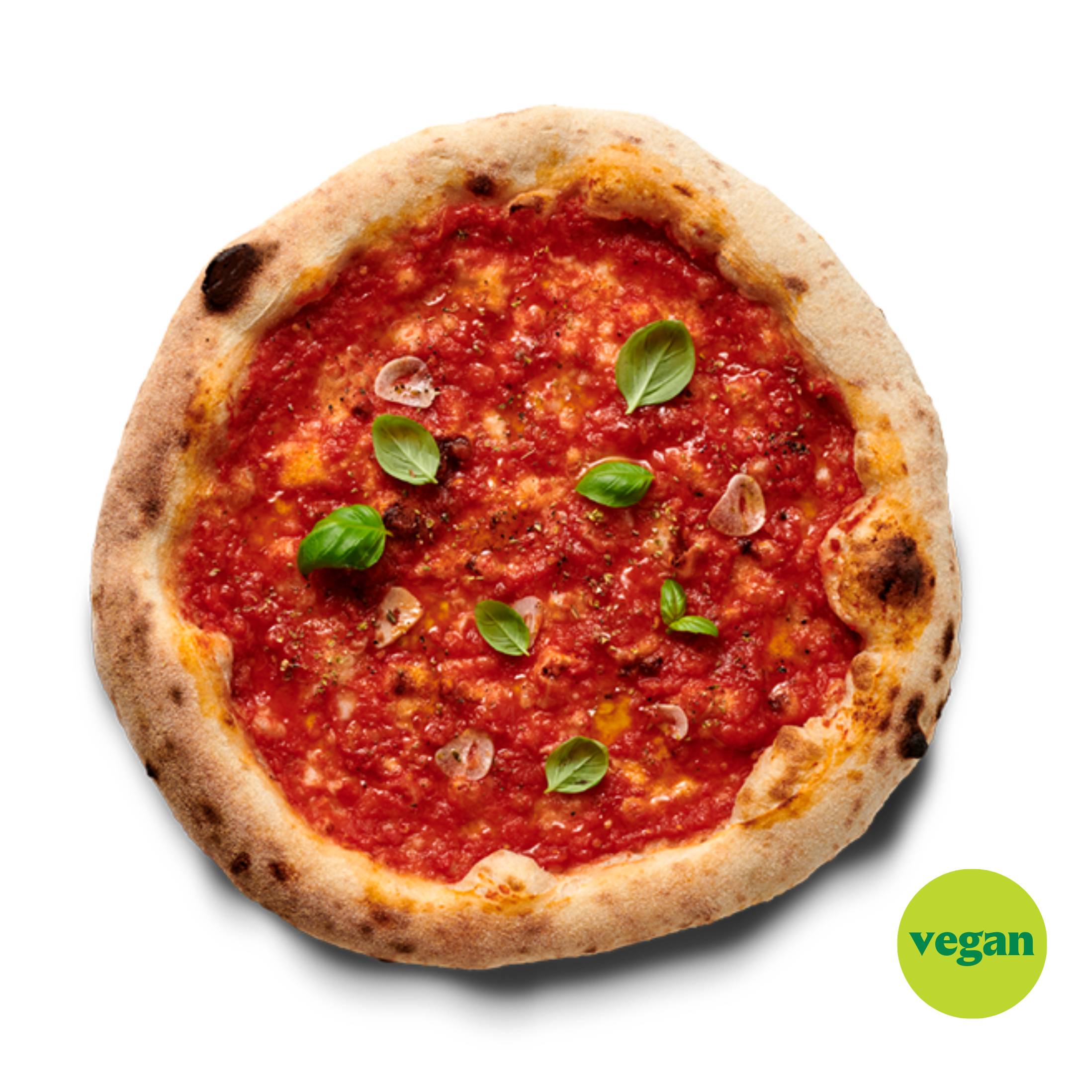 Eine vegane Pizza mit Tomatensoße, frischem Basilikum und Knoblauch auf einem runden, gebräunten Teig.
