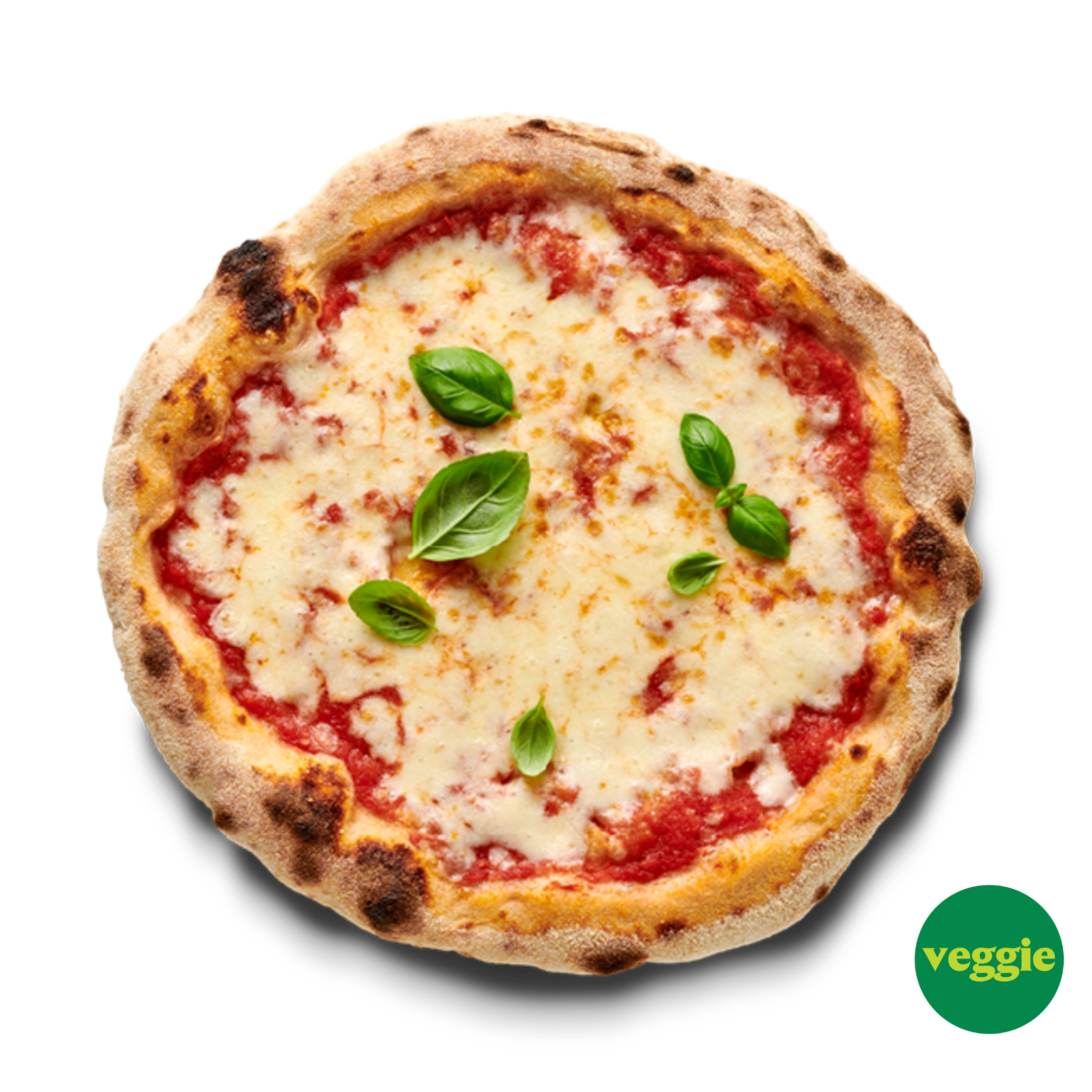 Pizza Margherita mit Tomatensoße, geschmolzenem Käse und frischem Basilikum auf schwarzem Hintergrund, "veggie" Symbol unten rechts.