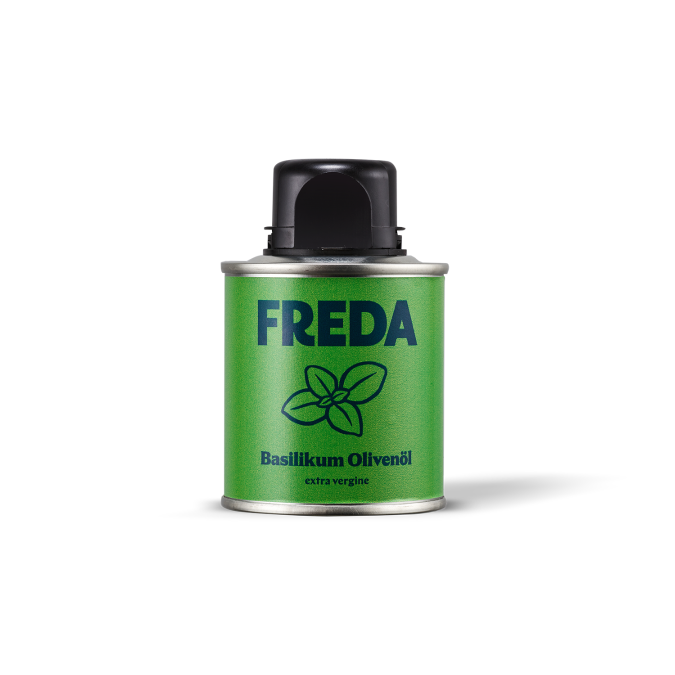 Grüne Dose mit der Aufschrift "FREDA Basilikum Olivenöl extra vergine" und einem Basilikumsymbol.
