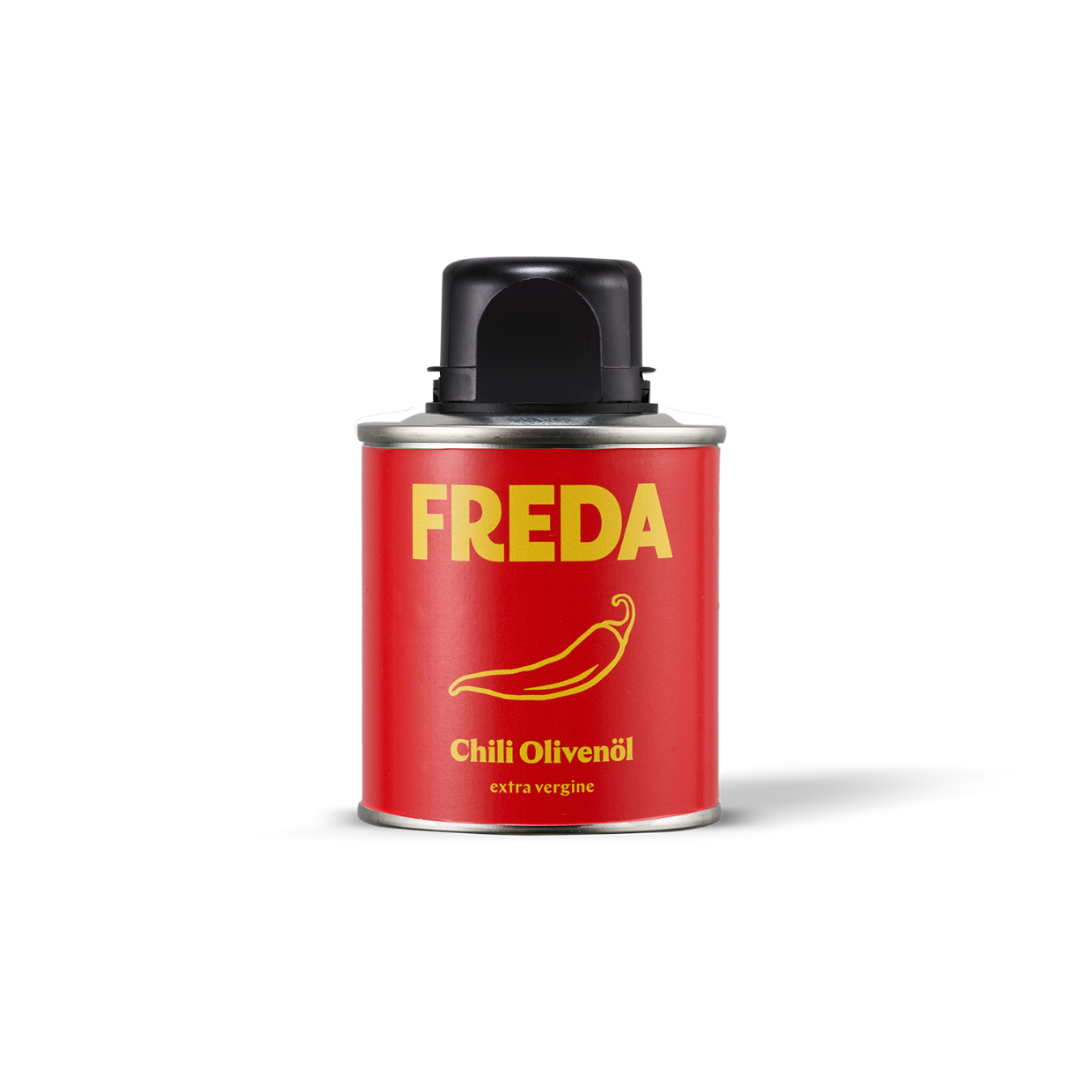 Rote Dose mit schwarzem Deckel, beschriftet mit "FREDA" und einem Chili-Design, enthält Chili-Olivenöl, extra vergine.