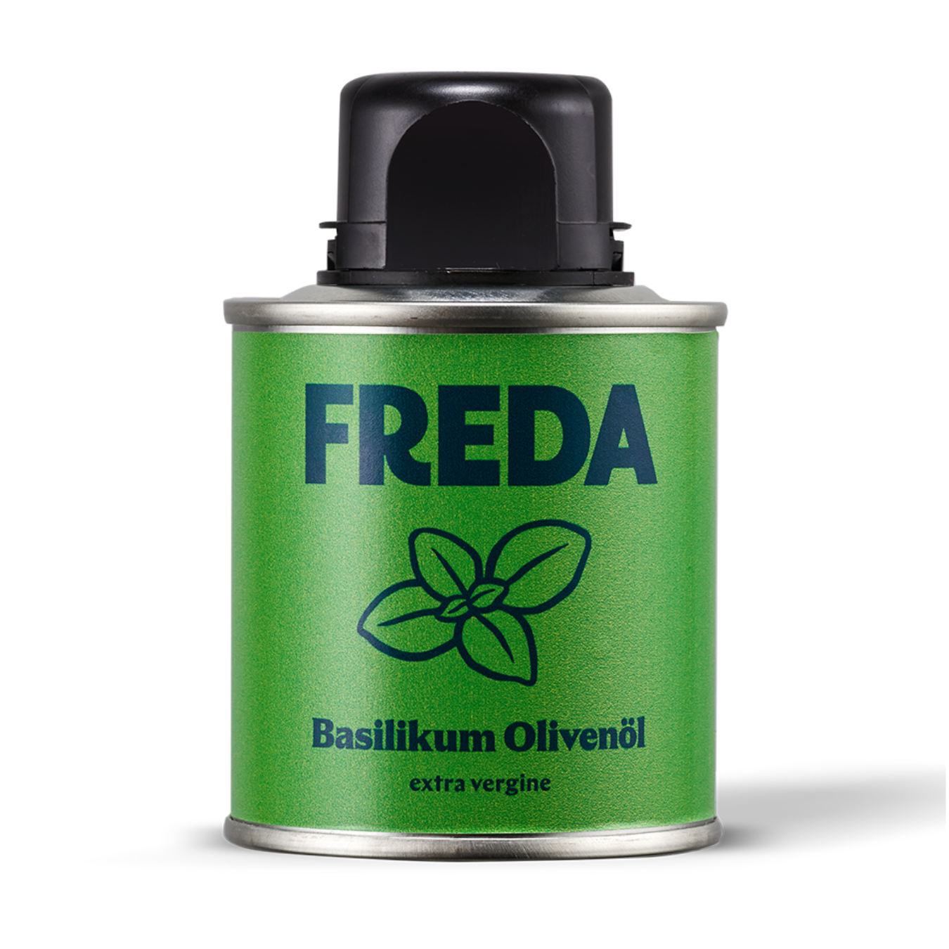 Grüne Flasche Basilikum Olivenöl von Freda mit schwarzem Verschluss, extra vergine, auf weißem Hintergrund.