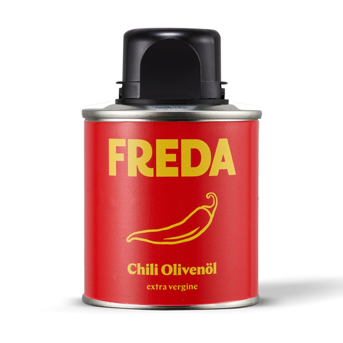 Rote Dose mit der Aufschrift "FREDA" und "Chili Olivenöl extra vergine", verziert mit einer stilisierten Chilischote.