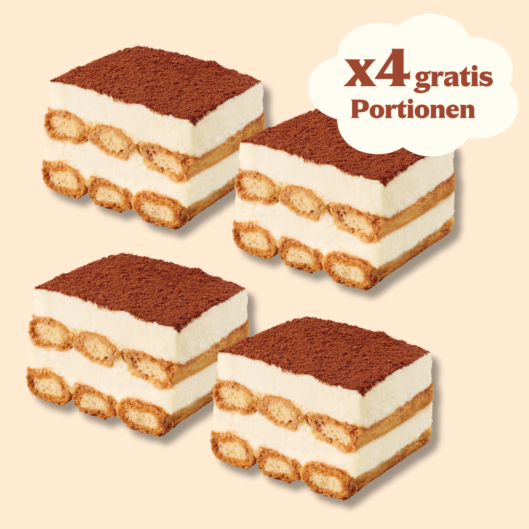 Vier Tiramisu-Stücke mit Kakaopulver bestreut und dem Text "x4 gratis Portionen" in einer Wolke.