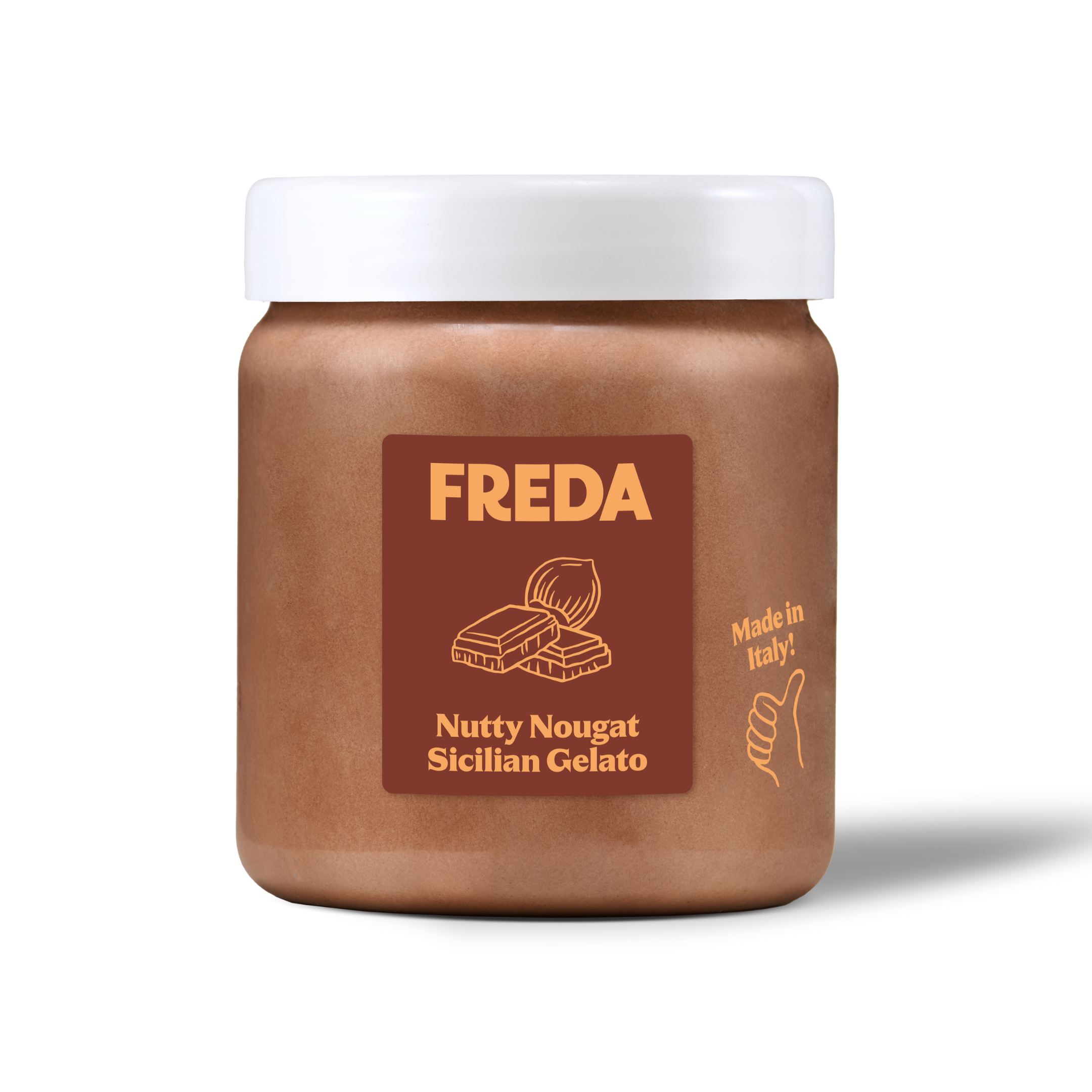 Braunes Glas mit weißem Deckel, Etikett "FREDA, Nutty Nougat Sicilian Gelato, Made in Italy!" in beige und orange.
