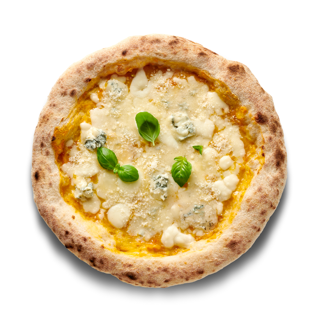 Pizza mit Käse, Blauschimmel und Basilikumblättern auf einem knusprigen Teigboden.