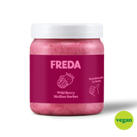 Rosa Becher Sorbet mit lila Etikett und weißem Deckel, vegan und handgemacht in Italien.