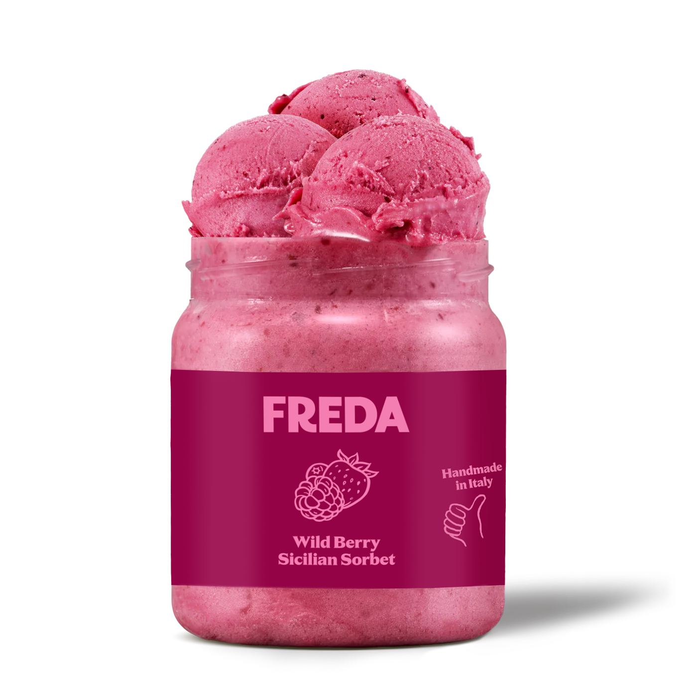 Glas mit rosa Sorbetkugeln, Aufschrift: "Freda, Wild Berry Sicilian Sorbet, Handmade in Italy".