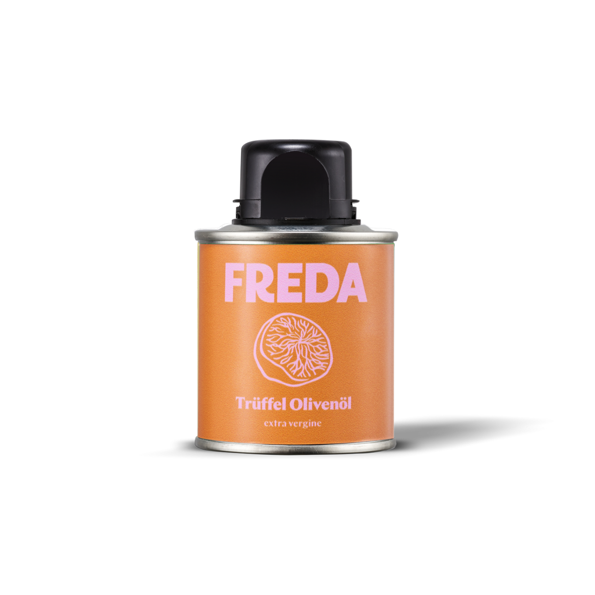 Orangefarbene Dose mit der Aufschrift "FREDA Trüffel Olivenöl extra vergine" und einem schwarzen Deckel.