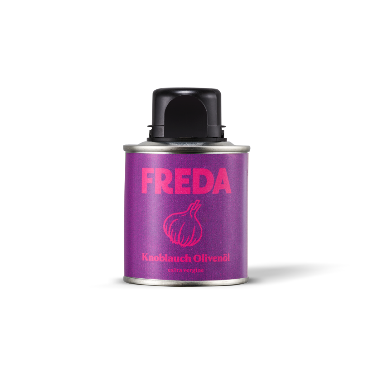 Lila Dose mit schwarzem Deckel, beschriftet mit "FREDA" und "Knoblauch Olivenöl extra vergine", daneben eine Knoblauchzeichnung.