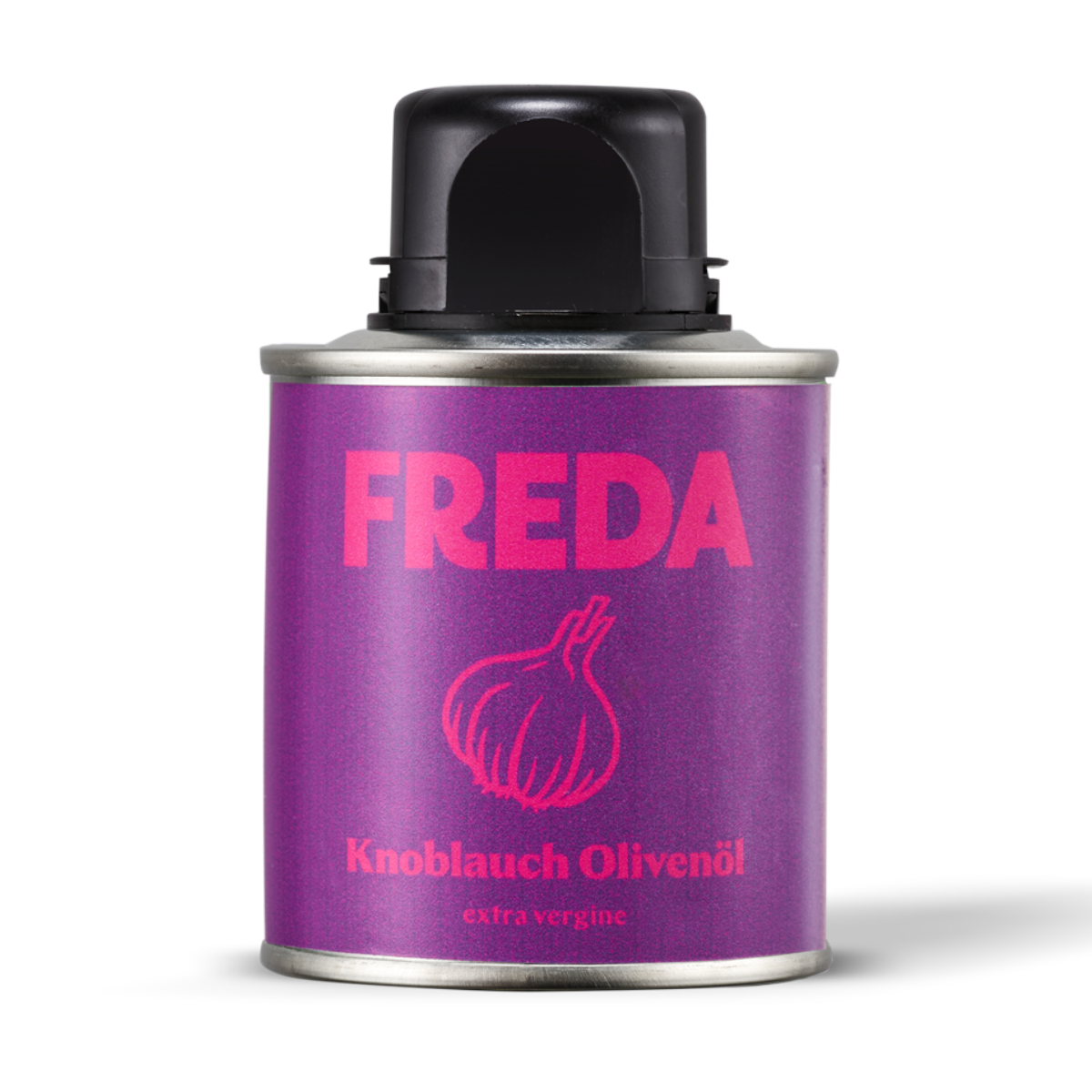 Violette Blechdose mit der Aufschrift „FREDA Knoblauch Olivenöl extra vergine“ und einer schwarzen Kappe.