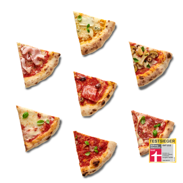 Sieben verschiedene Pizzastücke mit unterschiedlichen Belägen vor schwarzem Hintergrund.