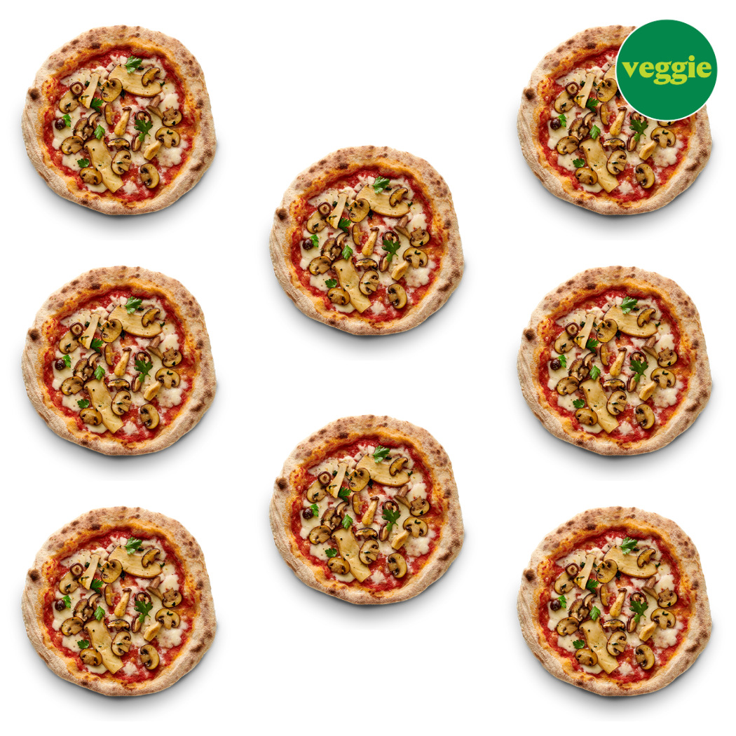 Acht vegetarische Pizzen mit Pilzen und Gemüse auf schwarzem Hintergrund, oben rechts ein "Veggie"-Label.