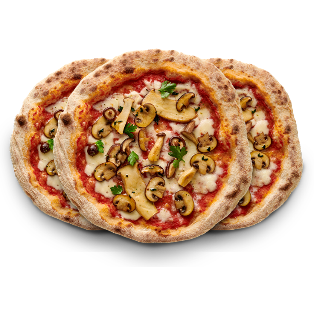 Drei Pilzpizzen mit Tomatensoße und Petersilie auf einem schwarzen Hintergrund.