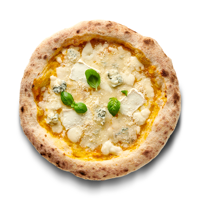 Pizza mit verschiedenen Käsesorten und frischem Basilikum, auf hellem, leicht gebräuntem Teig serviert.