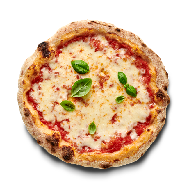 Pizza Margherita mit Tomatensauce, geschmolzenem Käse und frischen Basilikumblättern auf einem knusprigen Rand.