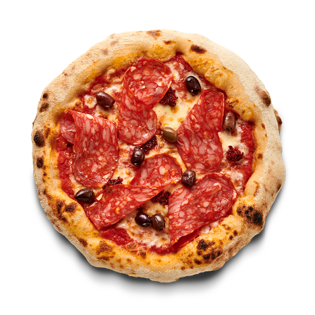 Pizza mit Salami und Oliven auf knusprigem Teigboden, gleichmäßig mit Tomatensauce und Käse bedeckt.