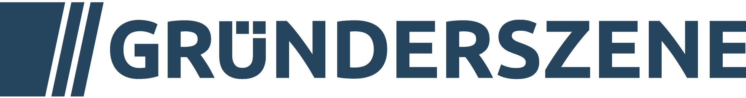 Logo mit dem Schriftzug "GRÜNDERSZENE" in blauer Schrift, links daneben zwei parallele Linien.
