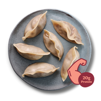 Ein Teller mit sechs Teigtaschen und einem Symbol, das 20 g Protein zeigt.