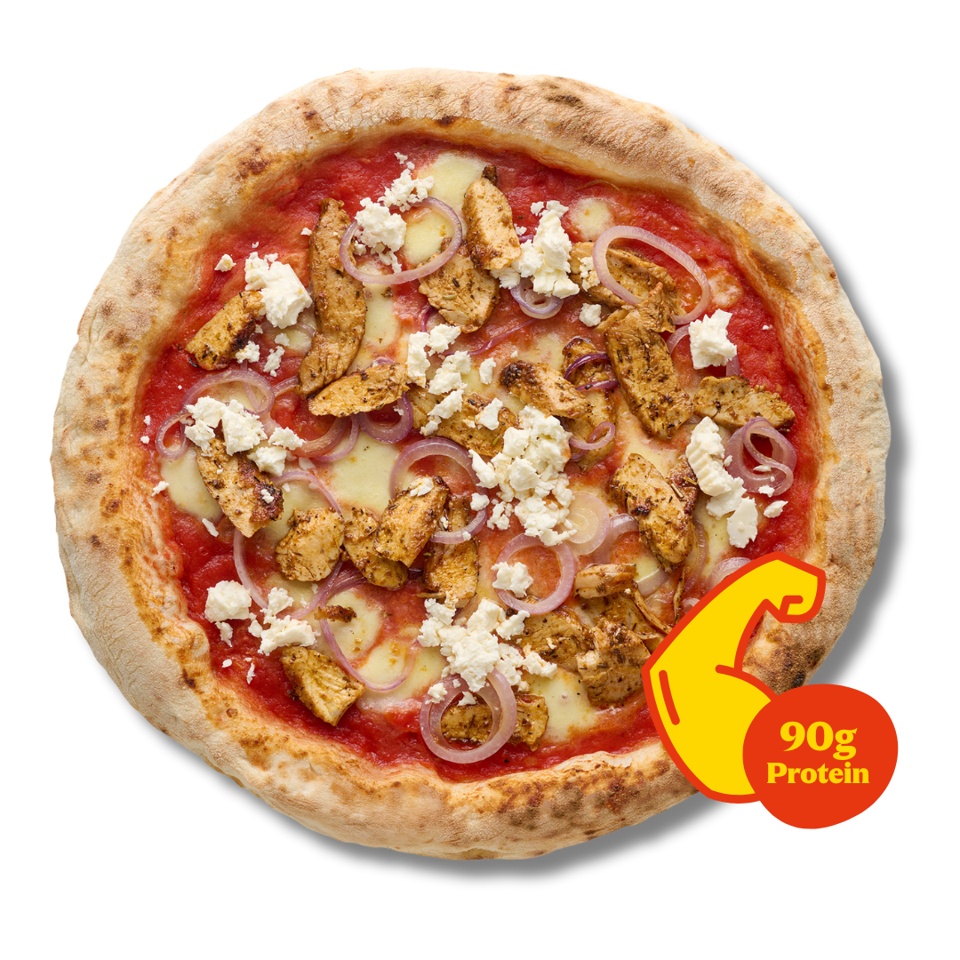 Pizza mit Hähnchen, Zwiebeln und Feta, daneben ein Symbol für 90g Protein.