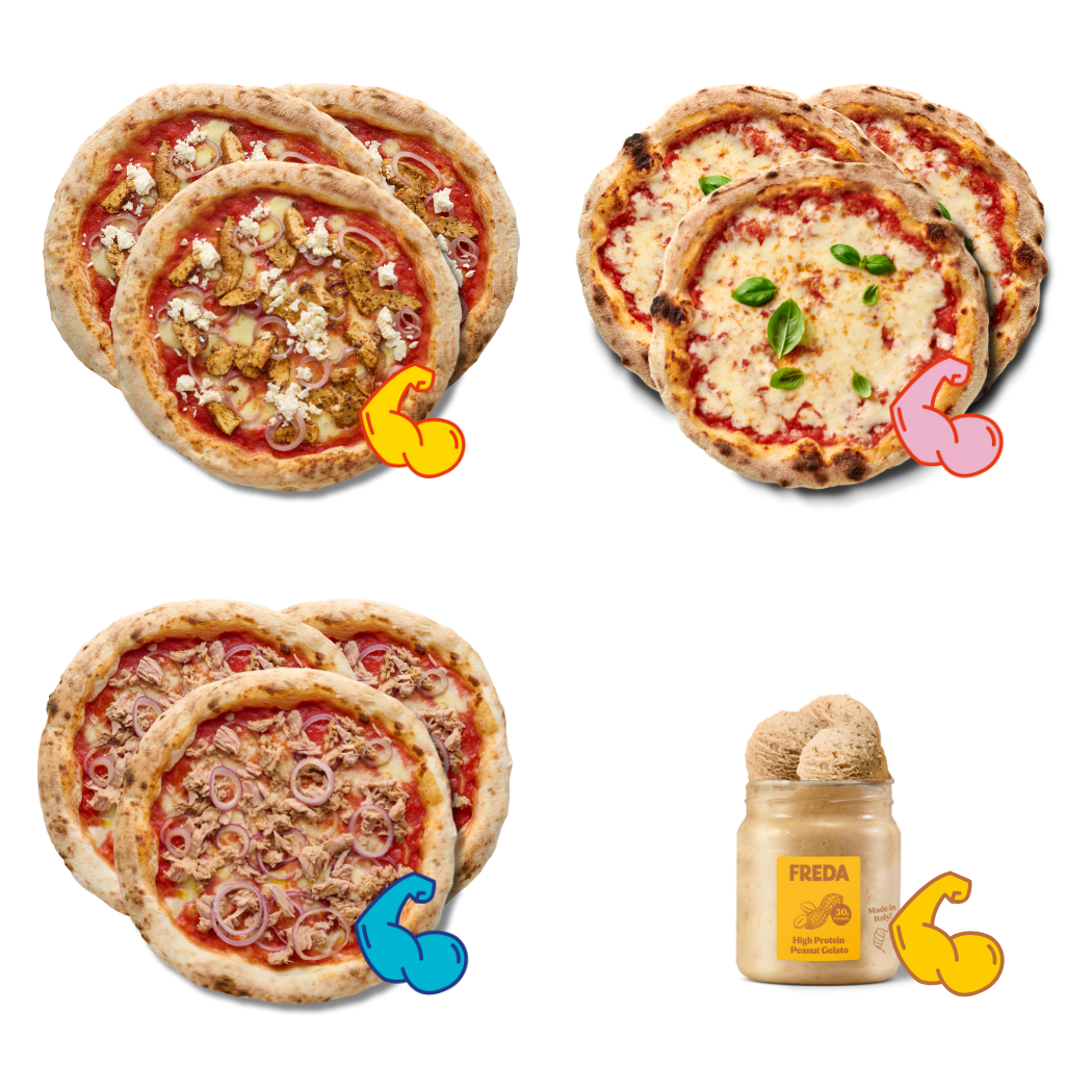 Vier verschiedene Pizzen und ein Glas mit Freda Erdnuss-Creme auf schwarzem Hintergrund.