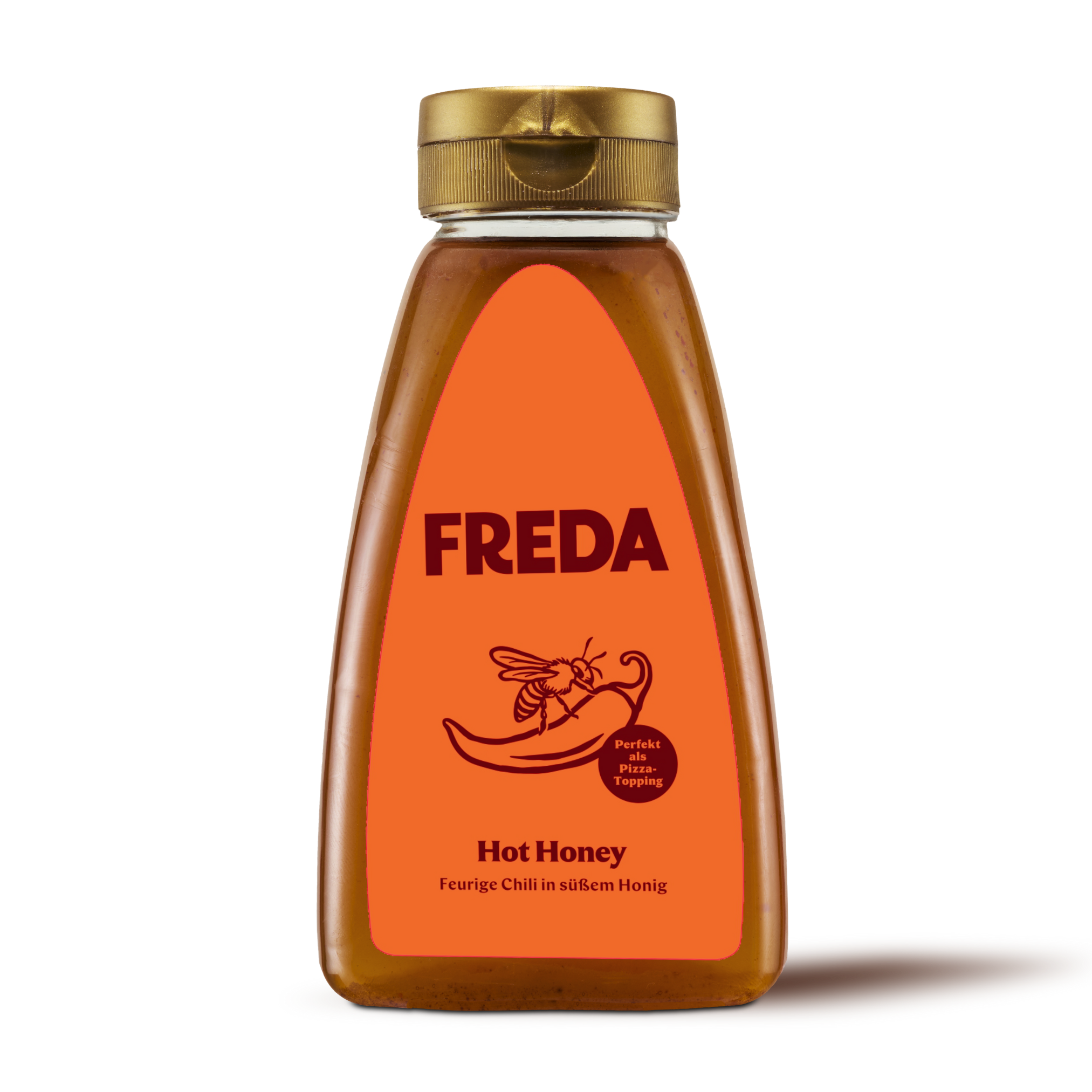Honigflasche mit der Aufschrift "FREDA Hot Honey", illustriert mit einer Biene auf einer Chili.