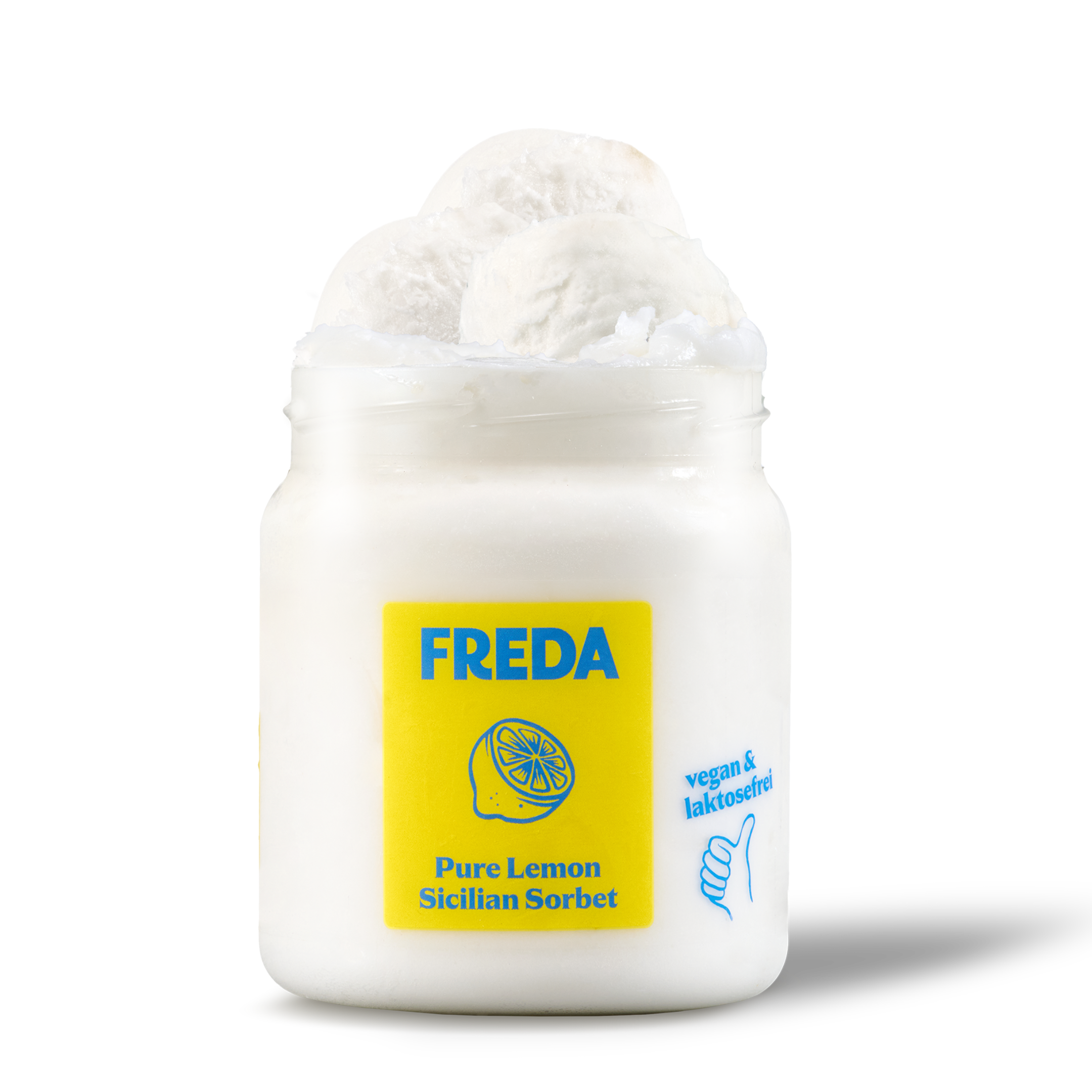 Glas mit Zitronensorbet von "FREDA", Beschriftung: "vegan & laktosefrei", gelbes Etikett mit Zitronenmotiv.