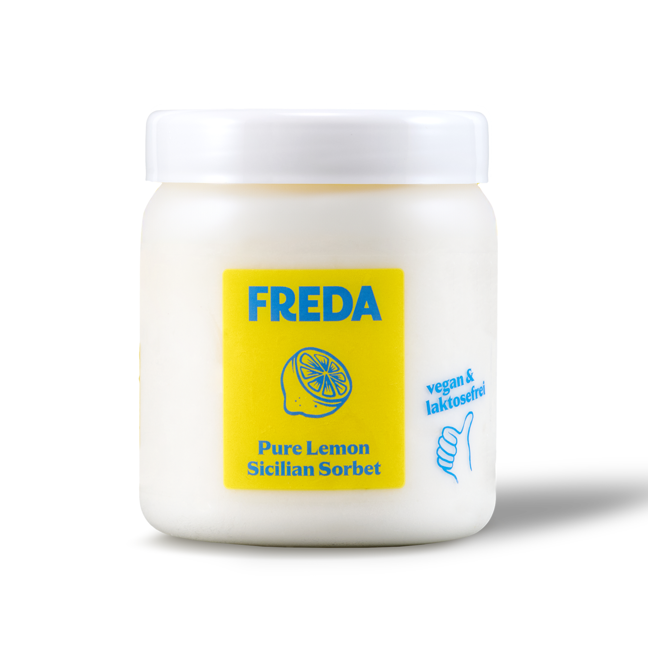 Ein weißer Behälter mit gelbem Etikett für Freda Zitronensorbet; vegan und laktosefrei.