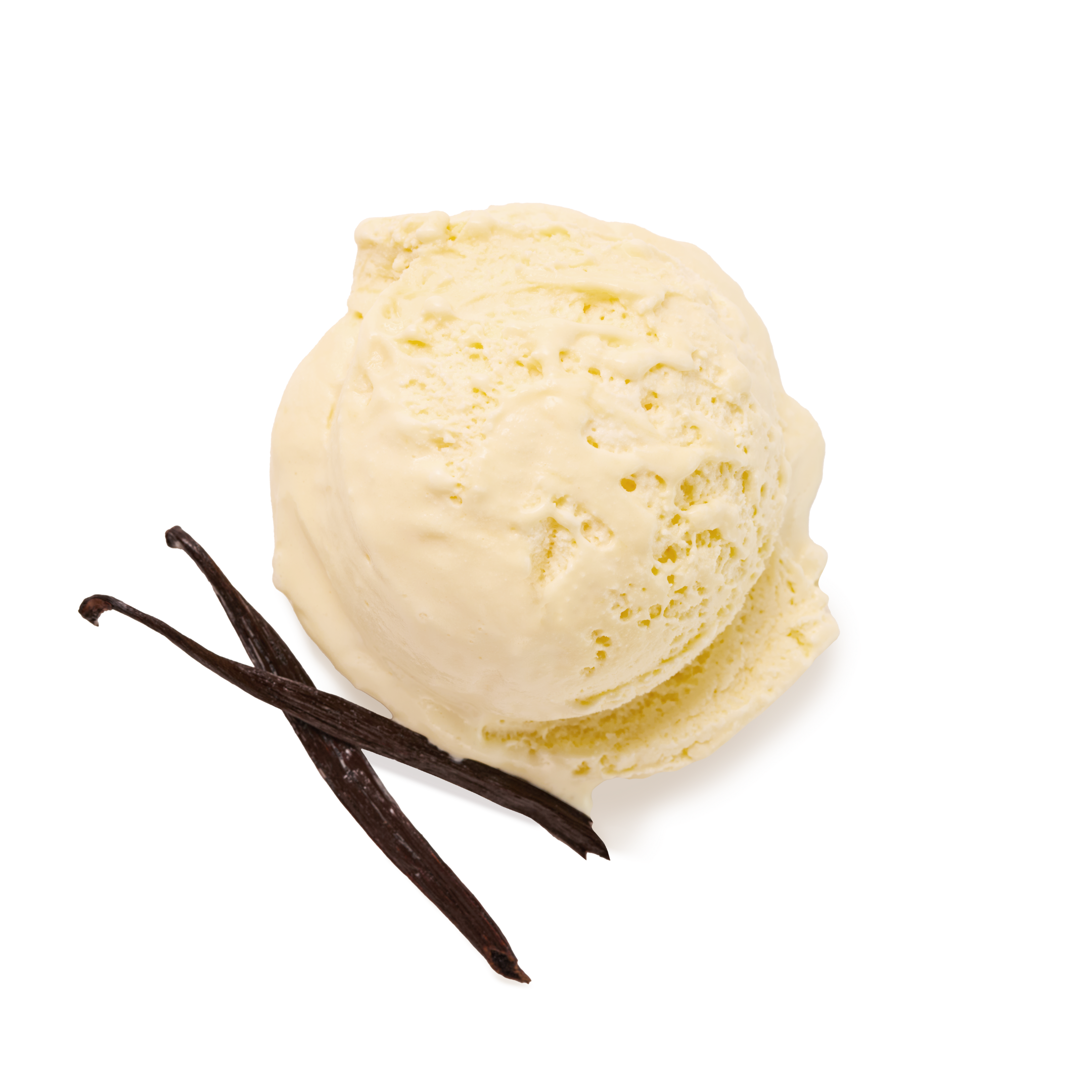 Eine Kugel Vanilleeis mit Vanilleschoten dekoriert.