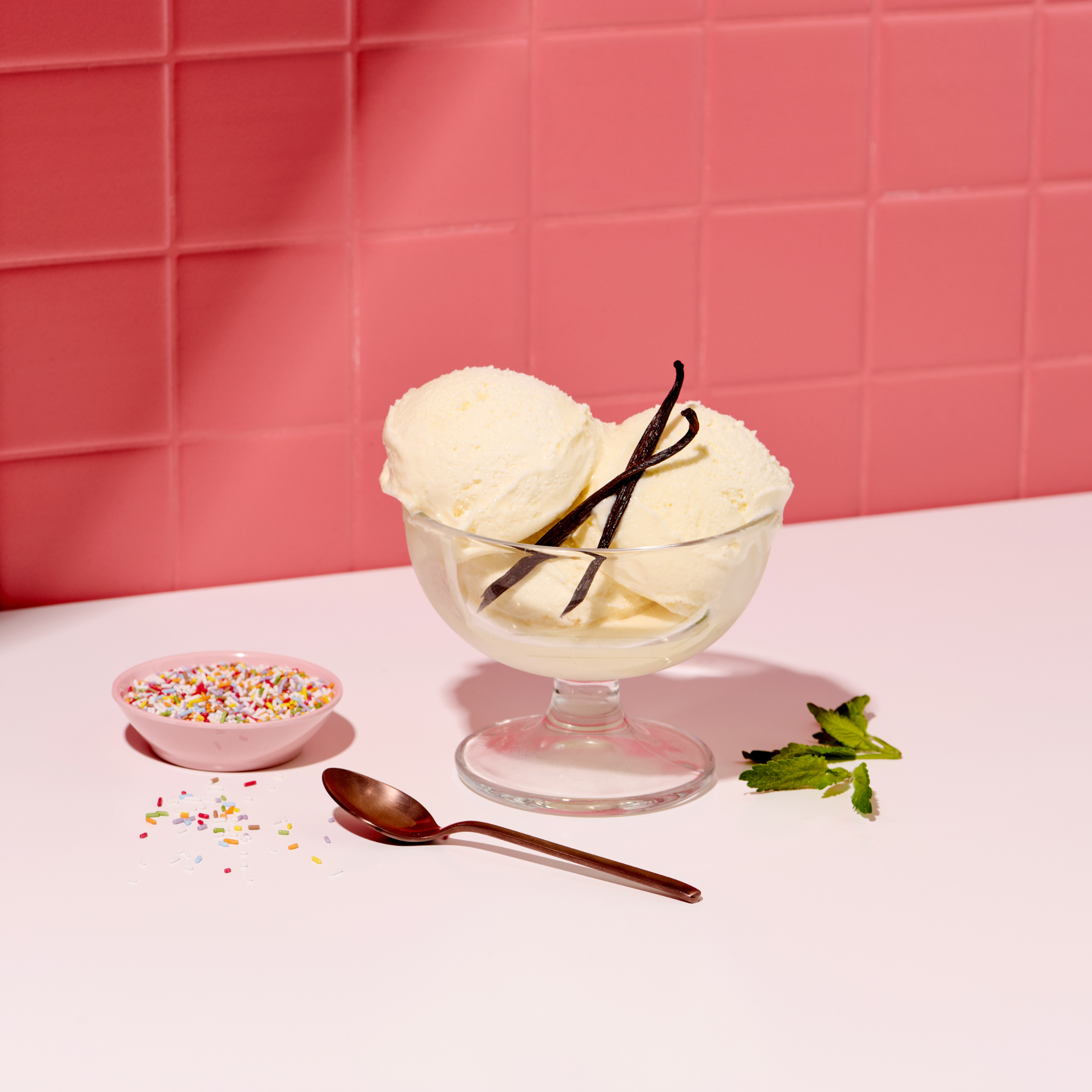 Eine Schale mit Vanilleeis, garniert mit Vanilleschoten, daneben bunte Streusel, Löffel und frische Minzblätter.