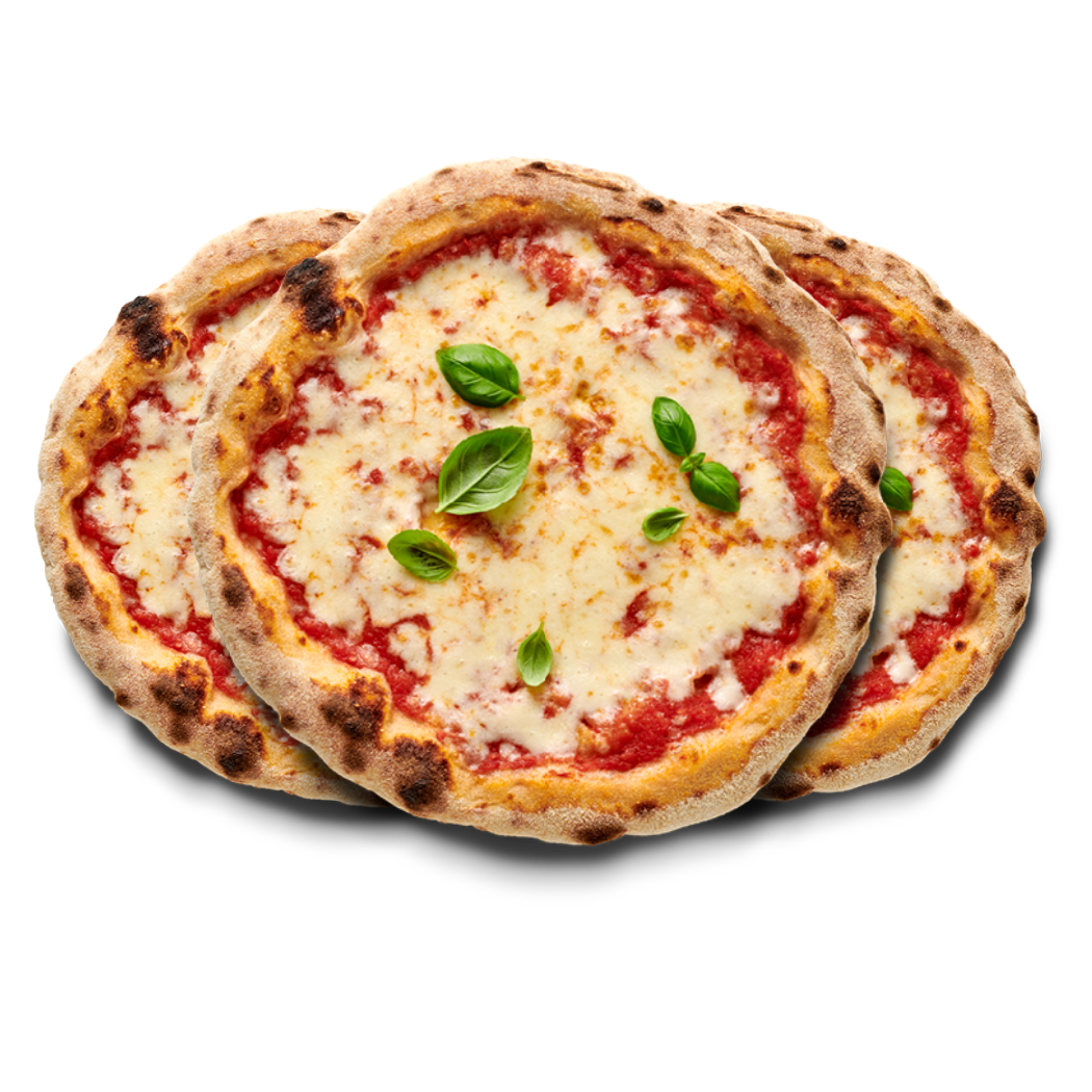 Drei Pizzen mit Tomatensauce, geschmolzenem Käse und frischem Basilikum auf schwarzem Hintergrund.