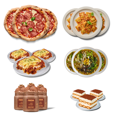 Verschiedene italienische Gerichte: Pizza, Ravioli, Lasagne, Ramen, Schokoladeneis und Tiramisu auf weißen Tellern.