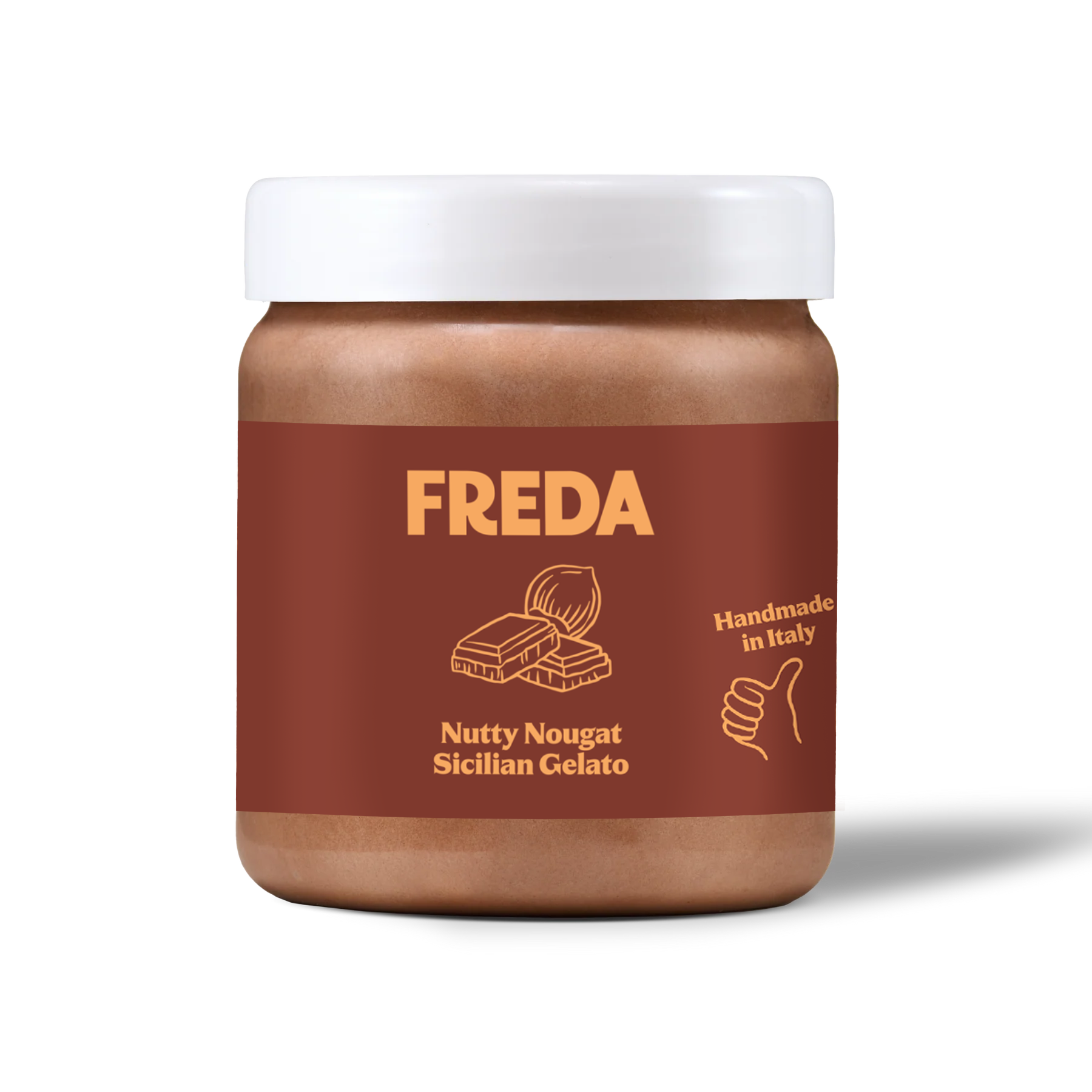 Ein Glas "Freda" Nutty Nougat Sicilian Gelato mit braunem Etikett und weißem Deckel, handgemacht in Italien.