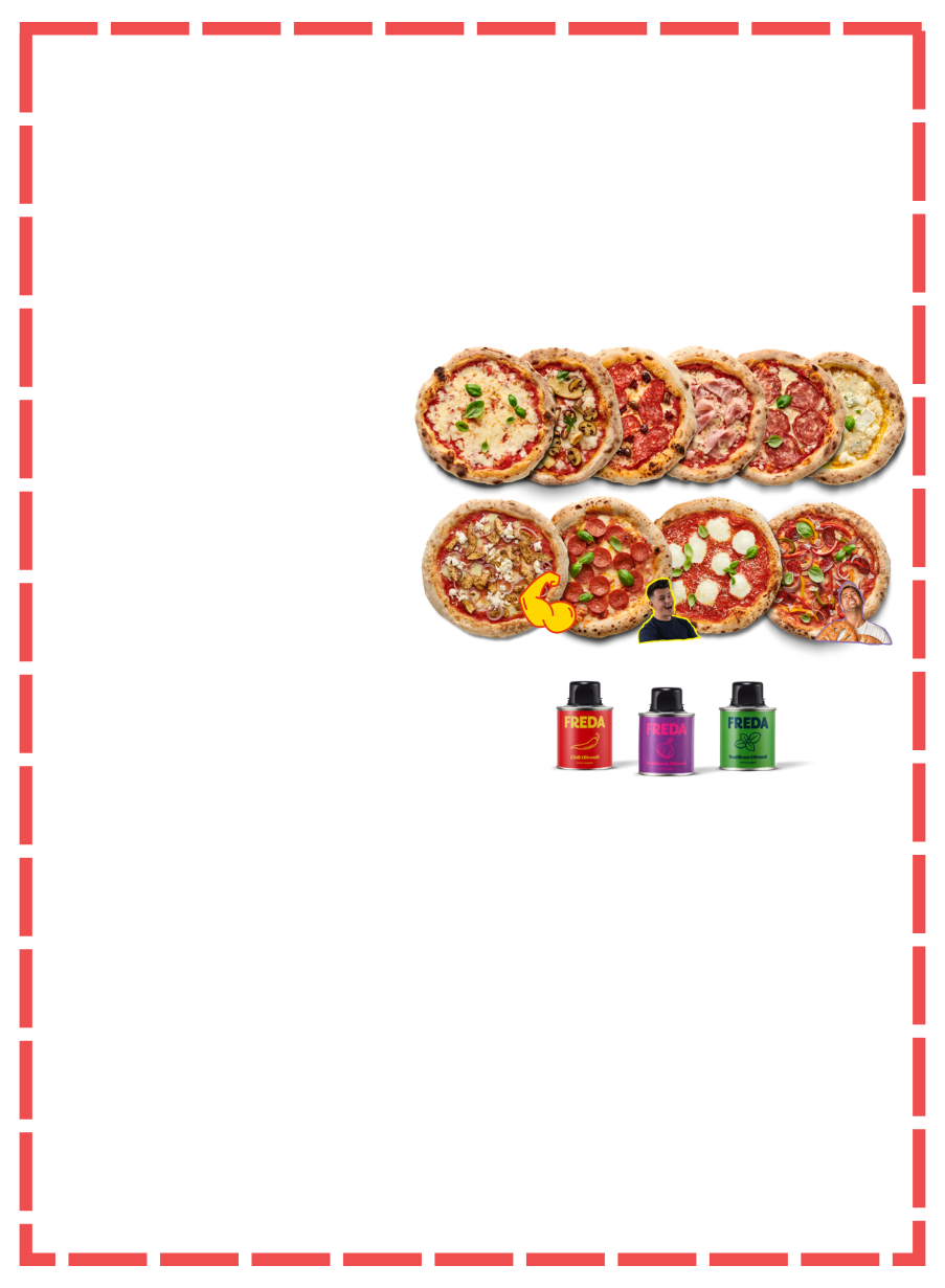 Mehrere Pizzen in zwei Reihen, darunter drei Gewürzdosen mit rotem, rosa und grünem Etikett und zwei Comic-Figuren.