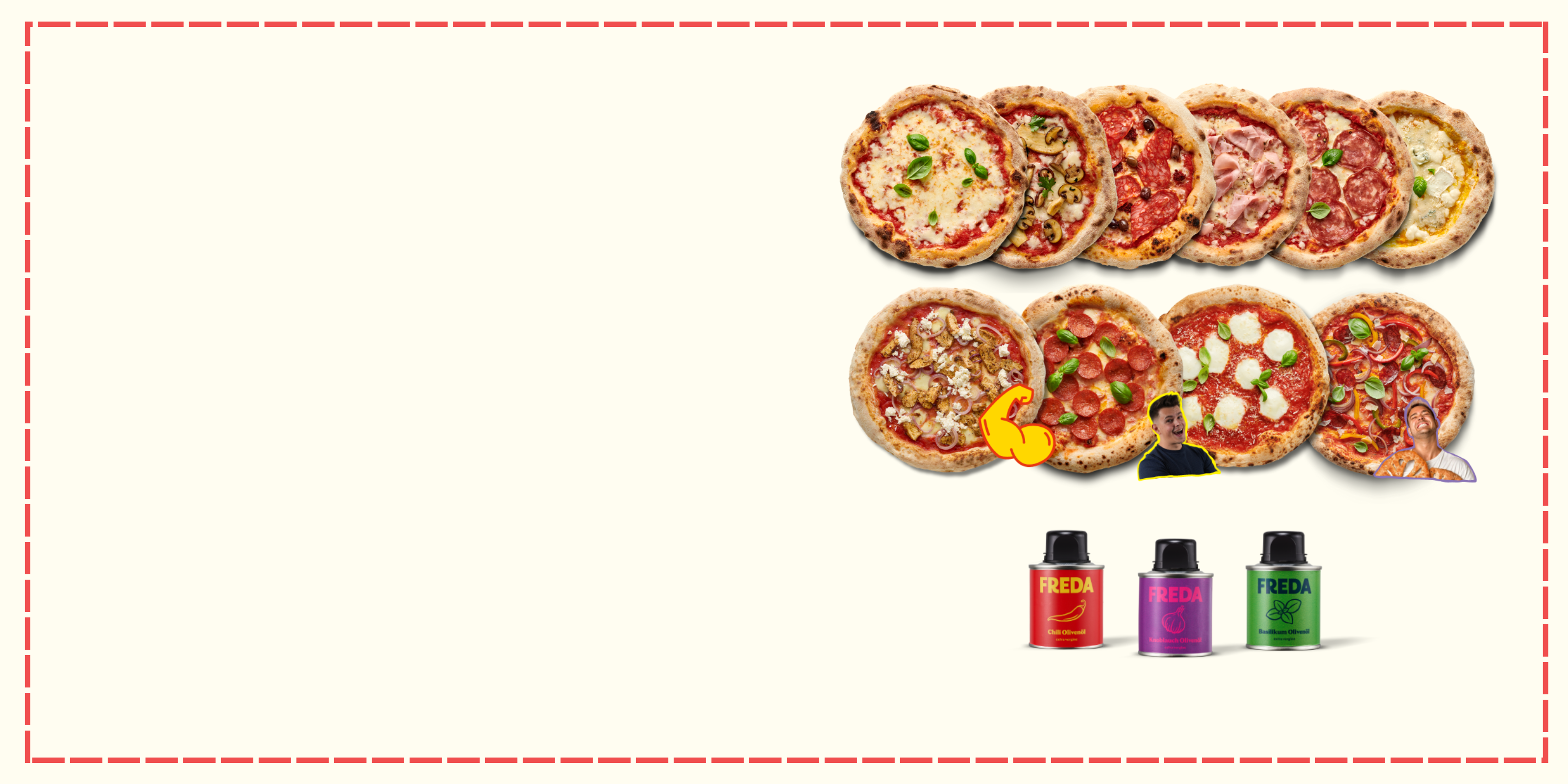 Verschiedene Sorten Pizza mit amerikanischen Ölen darunter, auf einem beigen Hintergrund mit rotem Rand dargestellt.