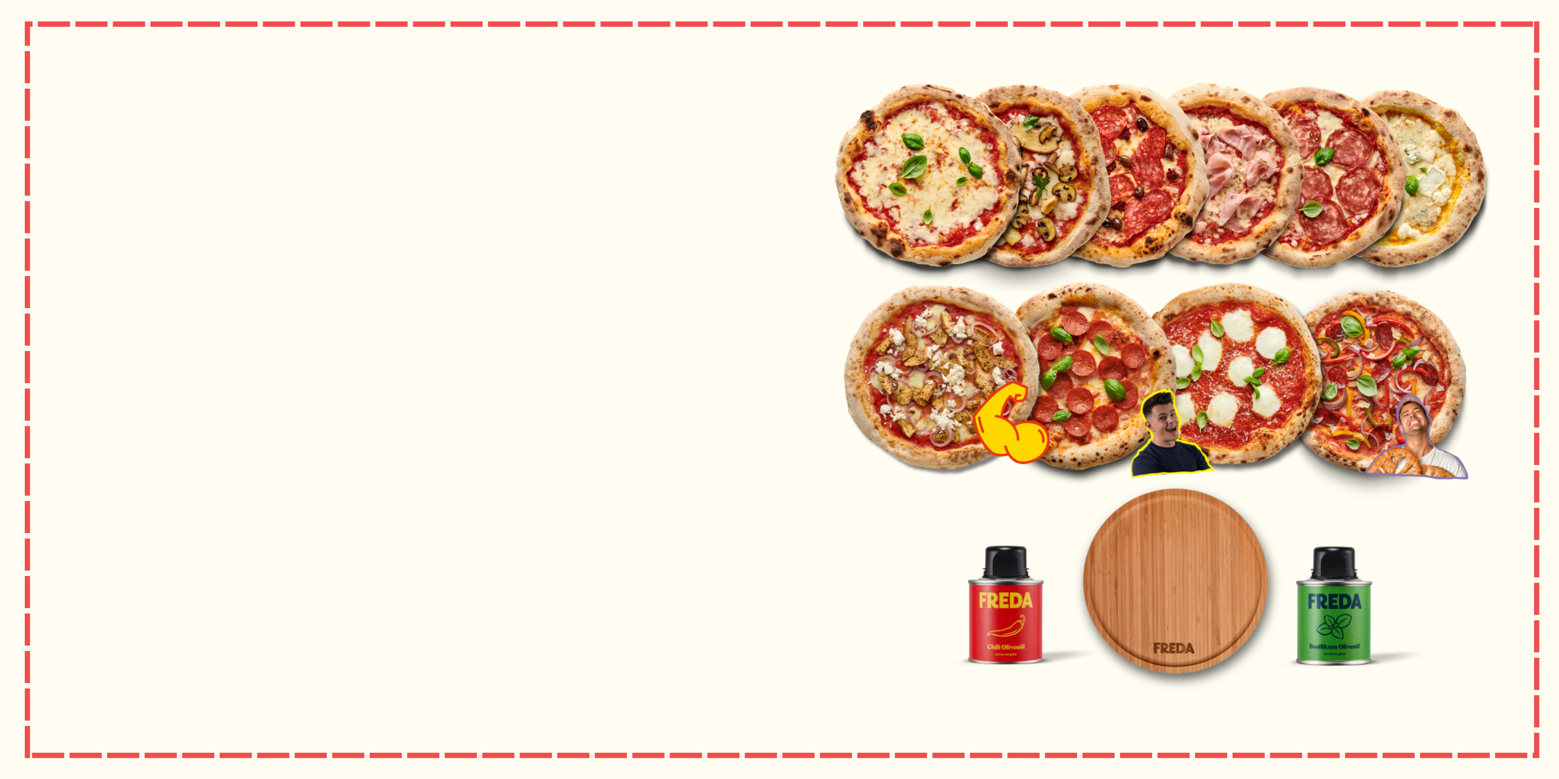 Verschiedene Pizzen und Gewürzdosen von Freda sind auf einem beigen Hintergrund angeordnet.