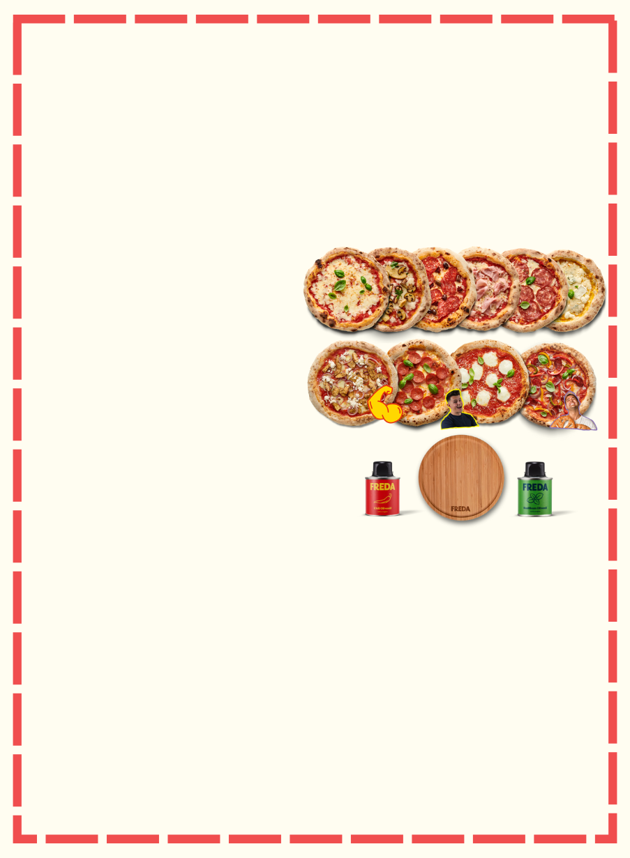 Verschiedene Pizzen in zwei Reihen, dazu Gewürzflaschen und ein Holzbrett mit der Aufschrift "FREDA".