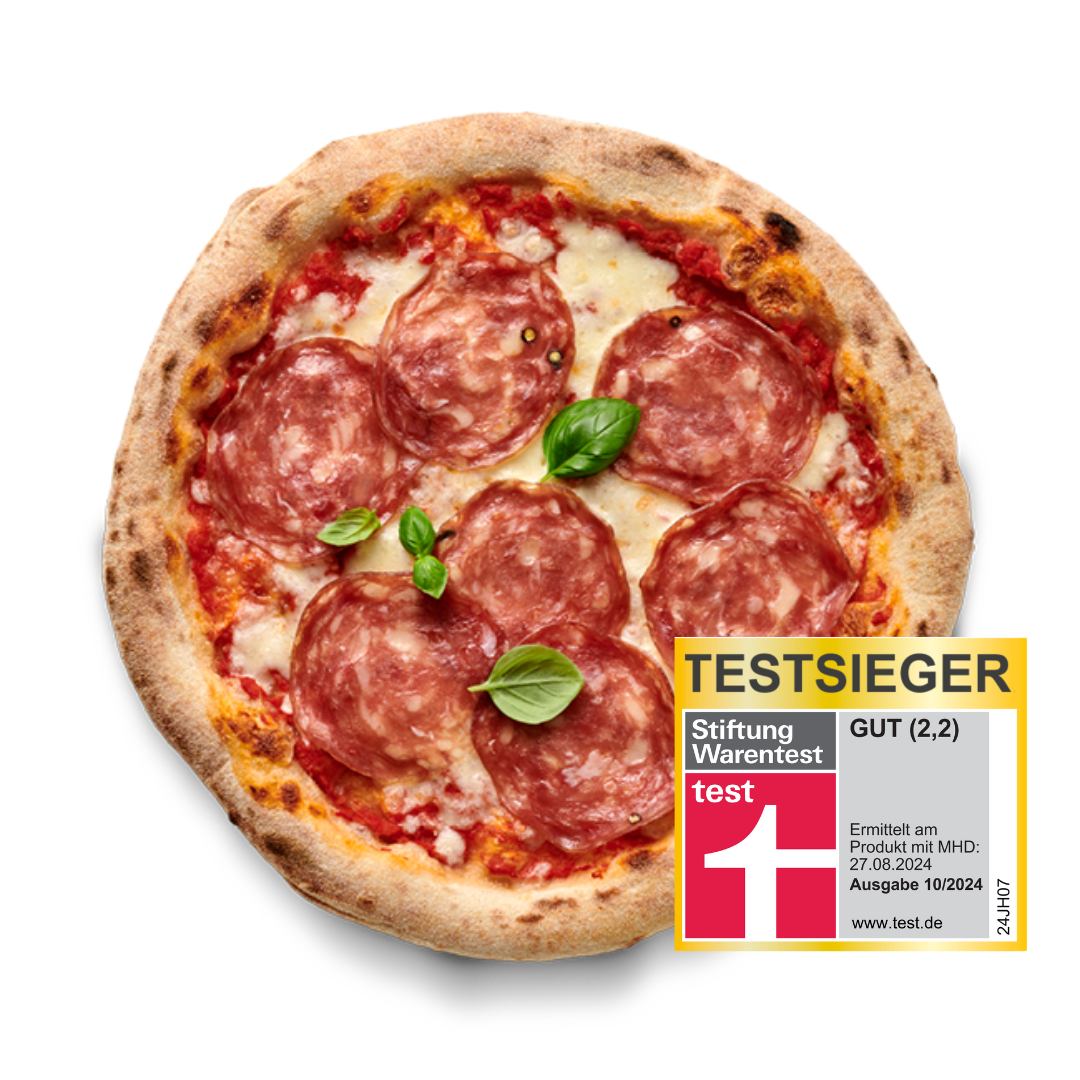 Pizza Salami mit Basilikumblättern, ausgezeichnet als Testsieger von Stiftung Warentest mit Bewertung gut (2,2).