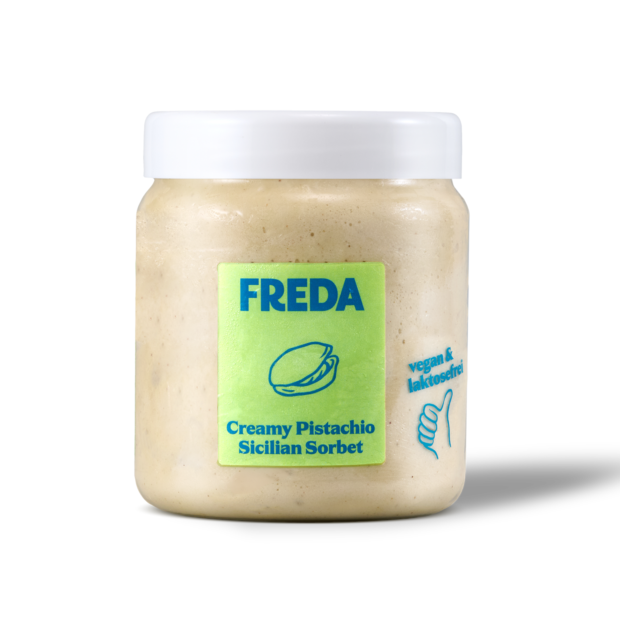 Ein Glas "FREDA" Creamy Pistachio Sicilian Sorbet, vegan und laktosefrei, mit grünem Etikett und weißem Deckel.